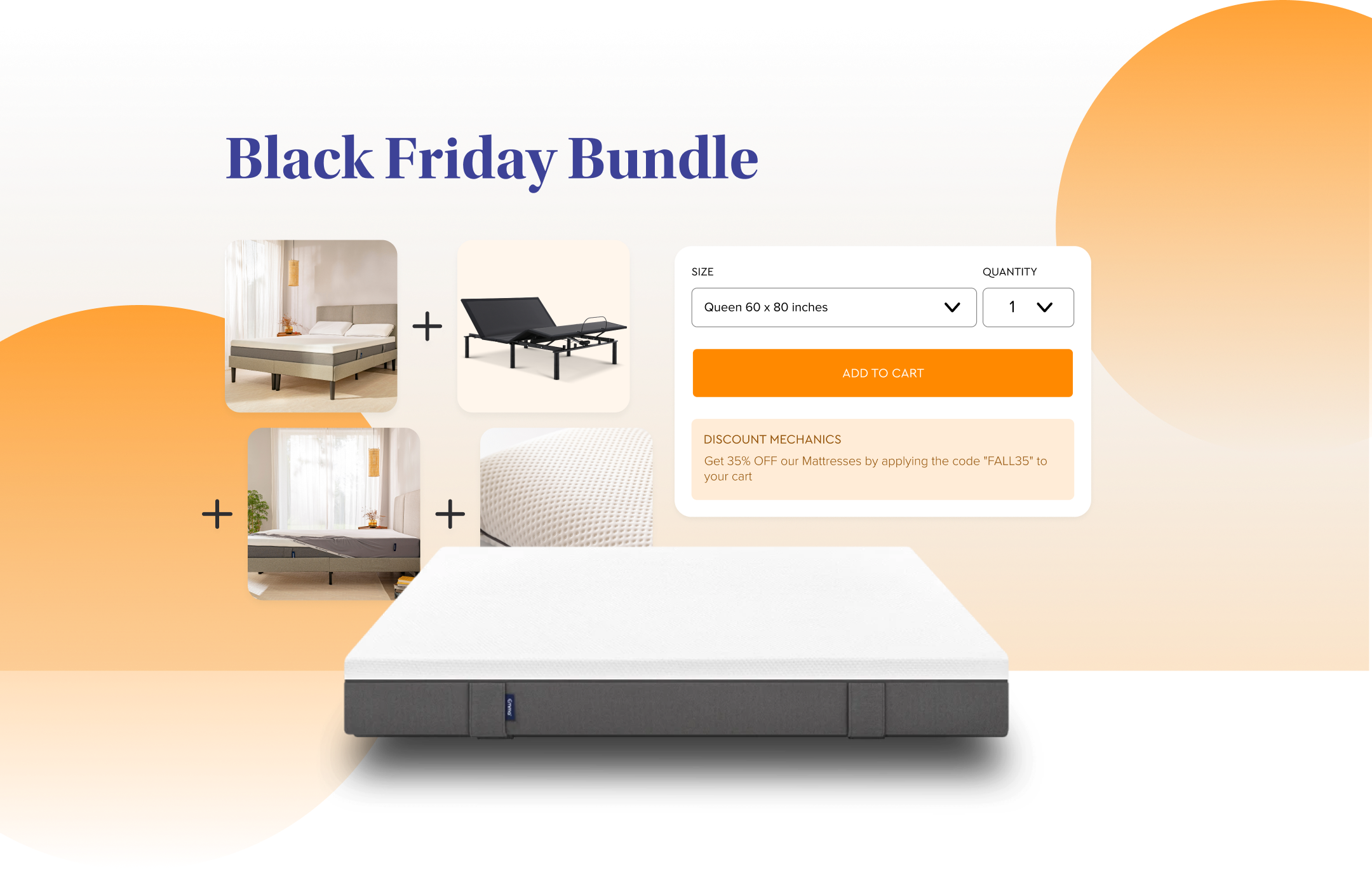 A Black Friday Bundle of a modern-style beddings next to a panel where the size and quantity can be chosen and ordered. 