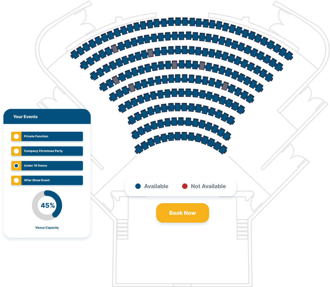 A top-down view of the seatings in a venue indicating which seats are available with a selection of events to view.