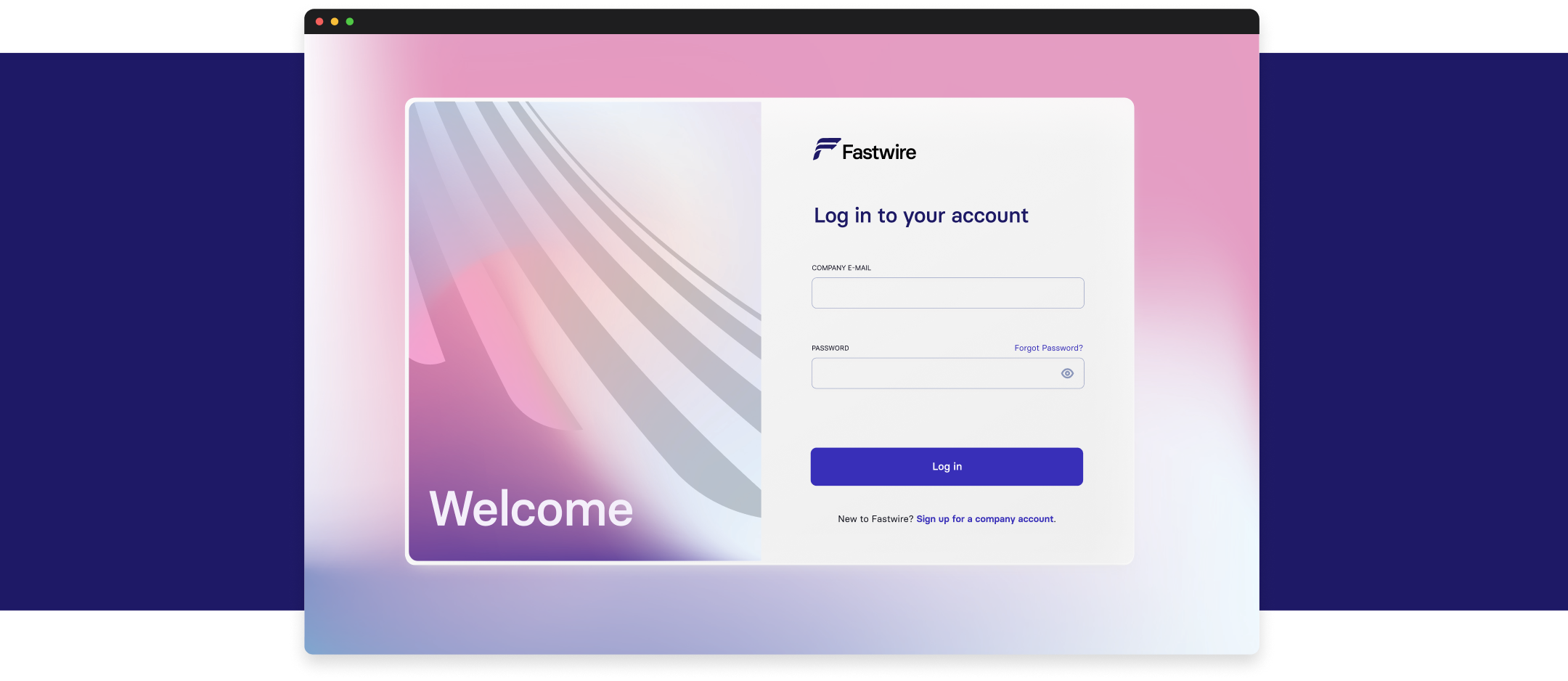 The login screen for Fastwire with a soft pink and purple colored theme with email and password inputs and the login button.