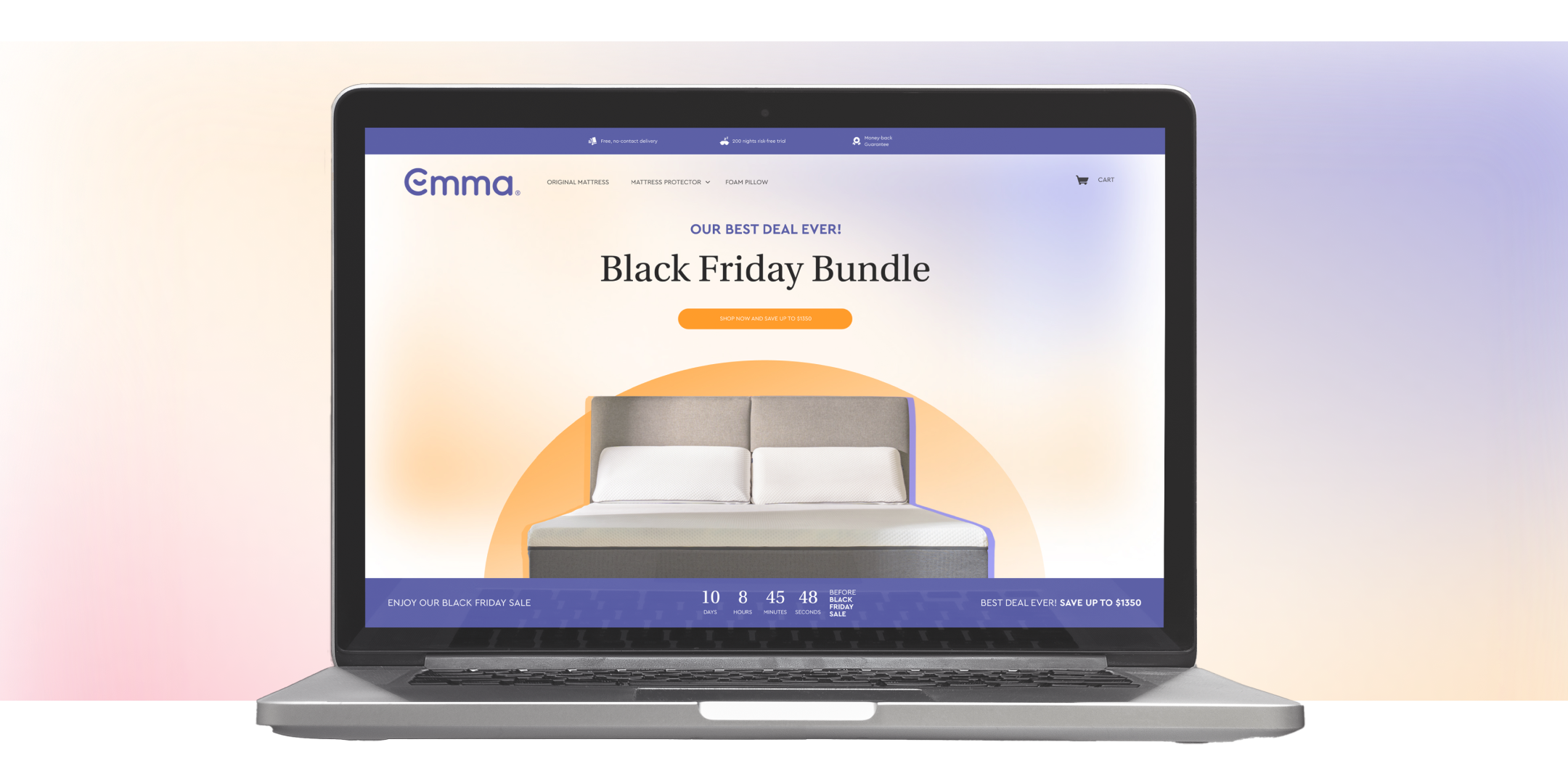 A laptop with the Emma store website on its page displaying the Black Friday Bundle and a dark brown modern-style bed.